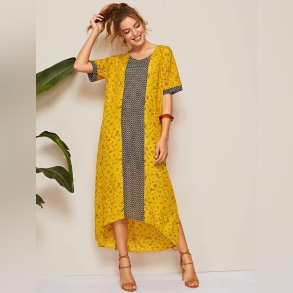 NWT *SHEIN* Ditsy Floral•Cut & Sew•Dip Hem Dress … *GOLD & BLACK* … Size: S
